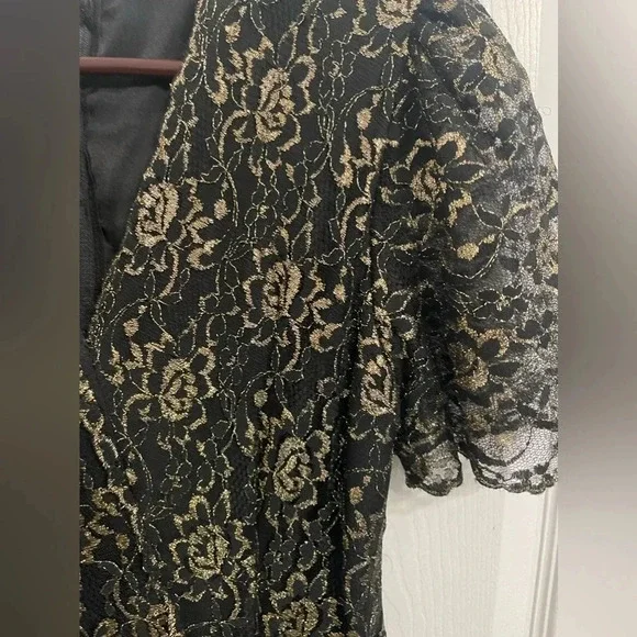 Vintage Unbranded Black Gold Lace Formal Party Dress 80s Prom 32 In Waist 8-10 - Picture 3 of 5